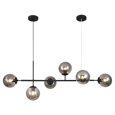 KCO Lighting 6-Light Mid Century Modern Rectangle Sputnik Chandelier Black Farmhouse Linear Chandelier Glass Globe Pendant Light Vintage Kitchen Island Lighting (Black+Smoke Gray)