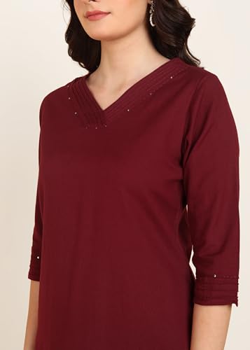 Image of BLOCKS OF INDIA Women's Solid Straight Kurta Set | Hand-Stitched Neck Details with Pintucks | Comfortable Pants with Pockets, Elastic Waist & Drawstring Fit