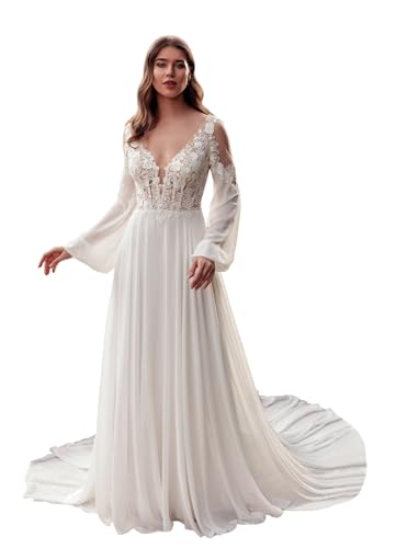 Miao Duo Women's Lace Appliqued Long Sleeves Wedding Dress Plus Size White Chiffon Bridal Gowns 2025 White 18W