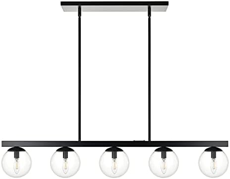 Linea di Liara Caserti Globe Linear Pendant - Black Mid Century Modern Farmhouse Chandelier - 45 inch 5 Light Rectangle Dining Room Fixture W/ Clear Glass Shades