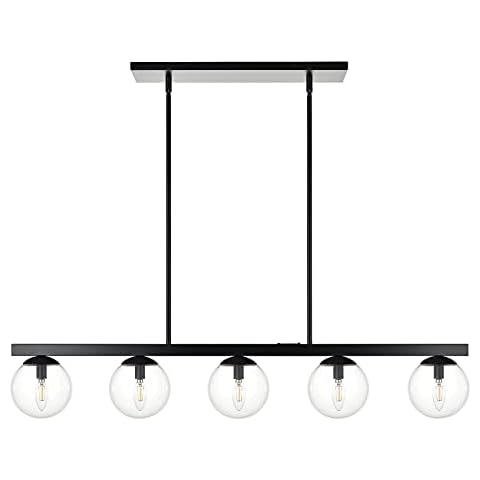Linea di Liara Caserti Globe Linear Pendant - Black Mid Century Modern Farmhouse Chandelier - 45 inch 5 Light Rectangle Dining Room Fixture W/ Clear Glass Shades Cover