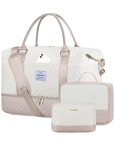 Image of LOVEVOOK Travel Duffle Bag, Weekender Bag for Women with Shoe Compartment, Carry on Overnight Bag withToiletry Pounch,Gym Duffel Bags with Wet Pocket, Hospital Bags for Labor and Delivery, 3 Pcs Set