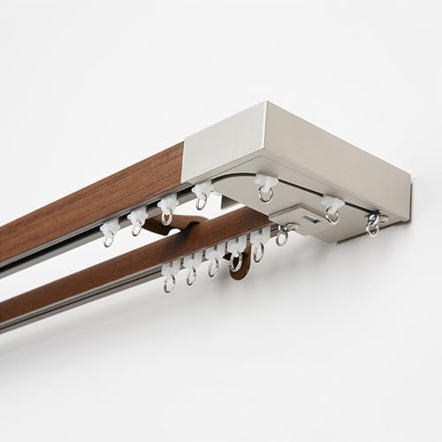 Robust Double Curtain Rod Wall Mount, Quiet Aluminum Rail System with Wood Grain Finish, Stylish Room Divider, Gray, 460cm x 115cm - Perfect for Home Decor