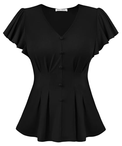 GRACE KARIN Damen Blusen Sommer Elegant V-Ausschnitt Rüschenärmel Lässige Oberteil Boxfalte Festliche Bluse mit Knopfdekor für Alltags- und Party Schwarz L