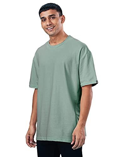 Image of The Souled Store |Sage Round Neck Green Color Half Sleeve Mens and Boys T-Shirt|Solid 100% Cotton | Oversized T-Shirts