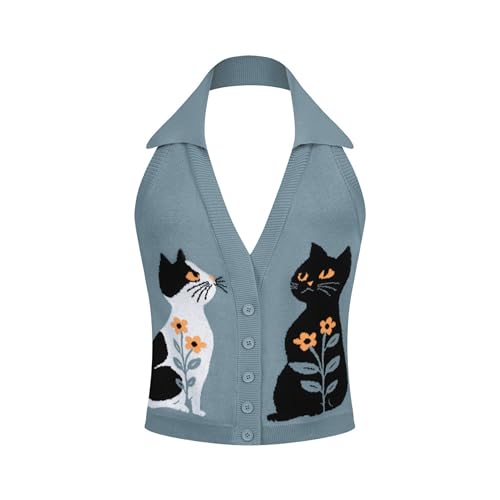 OXKnit Knit Vest Tops for Women Retro Cat and Floral Pattern Blue Sleeveless Button Down Cotton Tank Summer Outfits