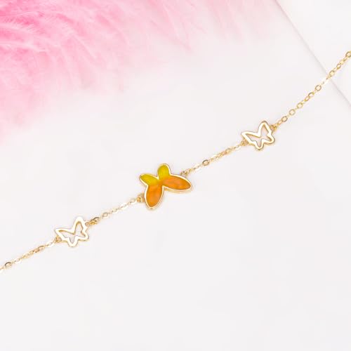 14K Solid Gold Butterfly Bracelet for Women,14 kt Yellow Gold 3 Small Butterfly Animal Bracelets Fine Christmas Birthday Jewelry Gifts for Her,6.5+1+1 inch4