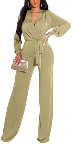 Image of shengfan Formal Jumpsuits for Women Dressy Evening Sexy Deep V Neck Plus Size Long Wide Leg Pants Rompers Clubwear
