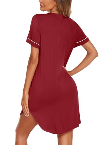 Image of Ekouaer Nightgowns for Women Button Down Night Gowns Short Sleeve Sleep Shirt V Neck Nightshirt Soft Sleepwear Pajams Dress