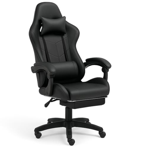 Sedia Poltrona Gaming Scrivana Ufficio Casa in Ecopelle Schienale Reclinabile Cuscino Lombare Poggiatesta Rotazione 360 Gradi Direzionale Altezza Regolabile 5 Ruote con Poggiapiedi (Black) - Sedia gaming - Immagine 3