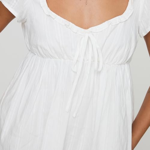 Image of Women Y2k Puff Sleeve Babydoll Dresses Square Neck Tie Back Mini Dress Summer Solid Off Shoulder Flowy Sundress