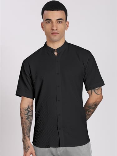 Image of Men's Regular Fit Solid Casual Shirt - Short Sleeve, Mandarin Collar, Lightweight Polyester, Stylish Everyday Wear