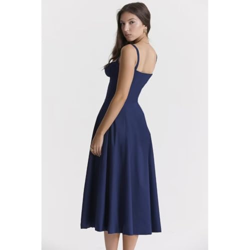 Image of Floral Corset Midi Dress Square Neck A Line Dress with Slit | Square neck floral midi dress with front tie bust wide straps A-line skirt side slit and lightweight fabric