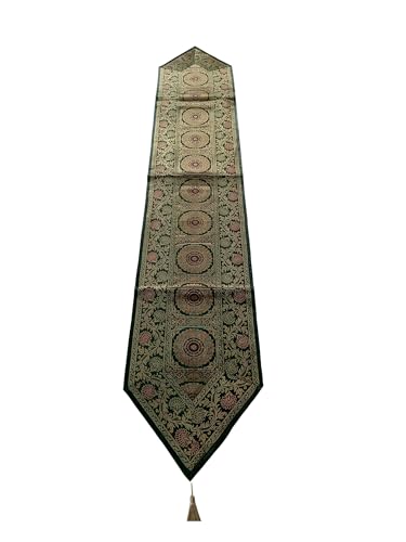 Colovila Dining Table Placemats Set of 13 Pieces, Ethnic Brocade Silk with Golden Woven Work- (1 Table Runner, 6 Mats, 6 Coasters) (Dark Green)