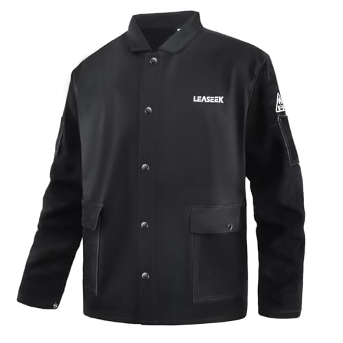 LeaSeek Chaqueta de soldadura de algodón resistente al fuego (FR) con mangas de cuero, abrigo soldador de seguridad para el trabajo para hombres y mujeres