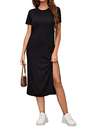 GORGLITTER Sommer Kleider Damen Kurzarm Midi T-Shirt-Kleid mit Schlitz...