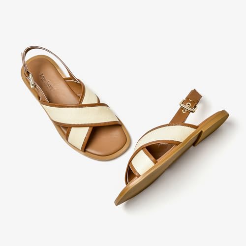 Image of BEAU TODAY Flat Sandals for Women,Women's Leather Sandals with 2 Strap,Peep Toe Summer Strap Sandals for Women,Open Toe Buckle Comfortable Dress Sandals Shoes for Women