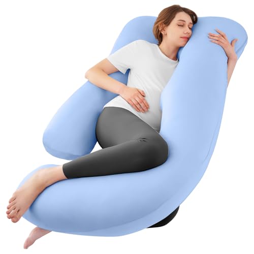 Image of Cooling Pregnancy Pillows for Sleeping, 57'' Full Body Pillow, Light Blue | Sasttie Maternity Pillow, OEKO-TEX, Down Alternative, Removable Cover, Pregnant Women Must Haves, Maternity Essential