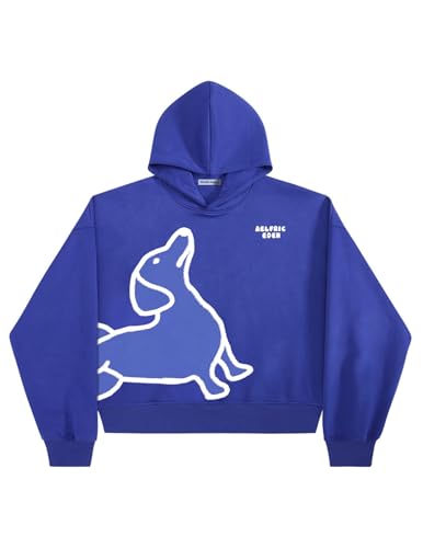 Aelfric Eden Boxy Dachshund Graphic Hoodie Unisex Boxy Oversized Hooded Sweatshirt Y2k Cropped Causal Outfits Blue