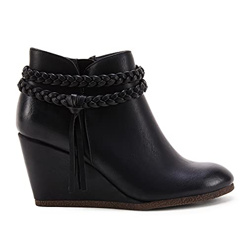 Image of Fashare Womens Wedge Ankle Boots Braided Fringe Strap Western Heeled Fall Booties Dress Shoes
