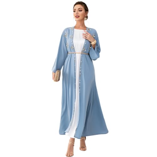 Muslim Abaya Long Sleeve Open Front Rhinestones Kaftan Cardigan Maxi Dress for Women with Belt