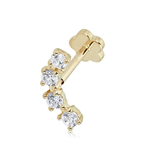 Image of AVORA 14K Gold 4 stone Simulated Diamond CZ Curved Bar Cartilage Piercing Flat Back Earring Body Jewelry (18 Gauge)