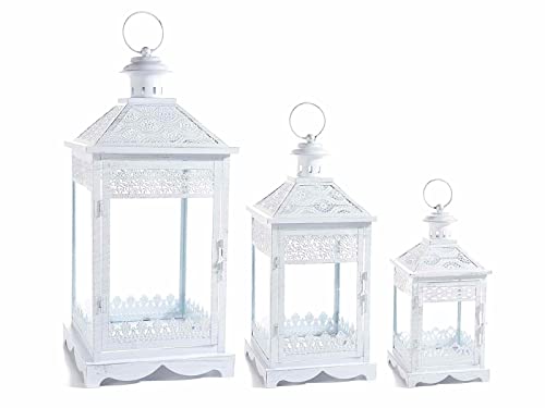 Gruppo Maruccia - Lanterne Portacandela con Decorazioni Intagliate - Lanterne Shabby Chic in Metallo - Colore Bianco - Set da 3