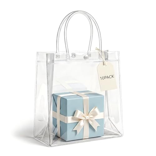 RJTLPNK 10-Pack Transparent PVC Gift Bags with Handles Durable & Odorless Clear Plastic Bags for Wedding Favors Birthday Parties & Corporate Events (7.87L x 3.14W x 7.87H)
