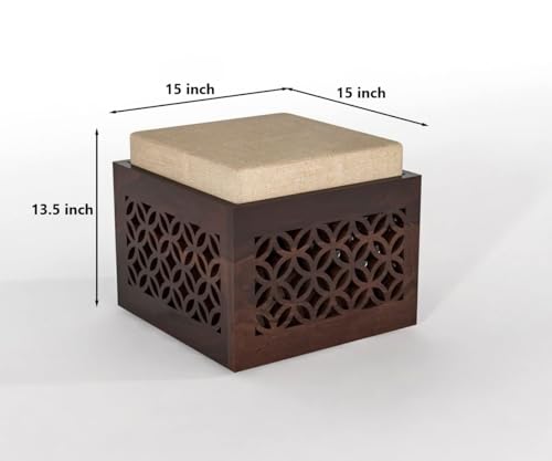 Image of Solid Sheesham Wood Square Shape Ottoman Pouffes for Sitting Foot Rest Puffy Stools for Living Room (Walnut CNC)