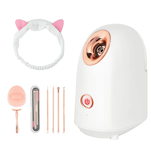 Facial Steamer, Face Steamer for Facial Deep Cleaning, Moisturize, Unclog Pores, Face Spa, Nano Ionic Warm Mist Home Steamer with Blackhead Removal Kit, Eye Cream Scoop, Face Brush, Hair Band