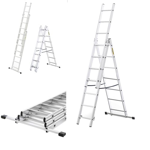 DRABEST - Home - Aluminium-Leiter - 3x7 Sprossen - Max. 3,25 m lang - Max. Arbeitshöhe 4,23 m - bis 150 kg - 3-teilig - Mehrzweck-, Steh-, Auszieh- Klappleiter - rutschfest - Verstellbar