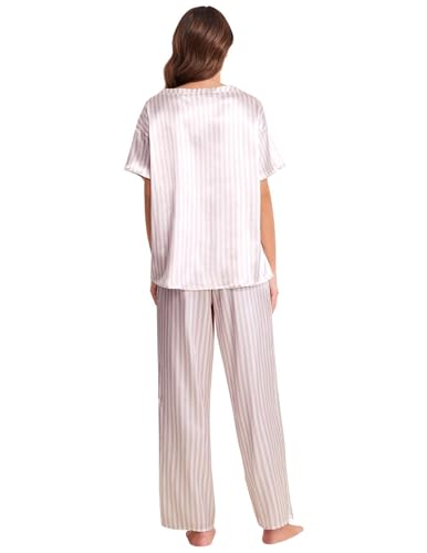 Image of Ekouaer Womens Satin Silky Pajama Set Short Sleeve Shirt with Long Pajama Pant Set Soft PJ Loungewear