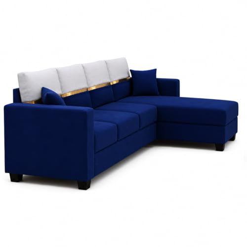 Image of Furny Arvea 5 Seater Fabric RHS L Shape Sofa Set (Blue) | Soft Velvet Fabric | Modern Design | Comfortable Seating | Living Room Furniture
