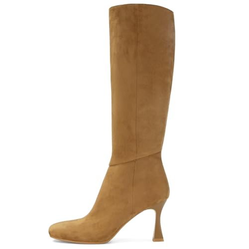 Image of Dsevht Black Leather Knee High Boots for Women Stiletto Kitten Heeled Sexy Boots Square Toe and Side Zipper Design Fashion Dress Boots