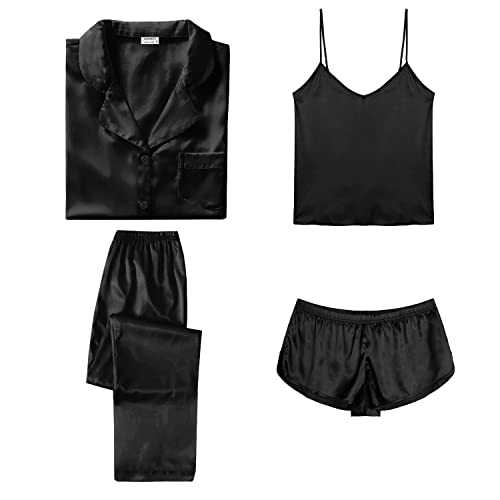 Image of SWOMOG Womens Silk Satin Pajamas Sets 4pcs Sleepwear Sexy Cami Shorts Set and Button Down Short Sleeve Pjs Loungewear
