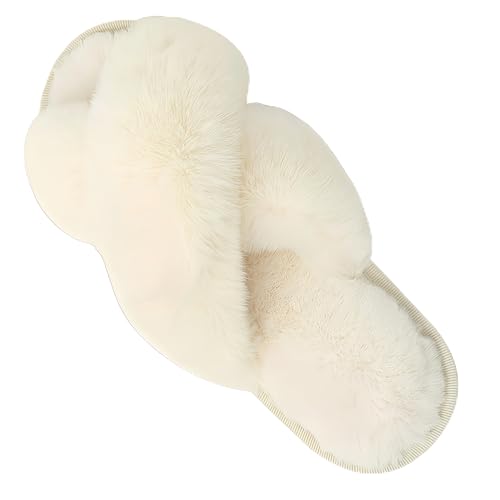 Slippers for Women Fluffy Cross Band Open Toe Slippers Non-slip House Slippers Cozy Soft Bedroom Hospital Indoor Outdoor Slipper