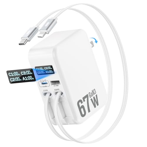 67W Jasput 4-in-1 GaN Retractable Wall Charger w/ Dual Built-In Cables, USB-C & USB-A Ports - image 1