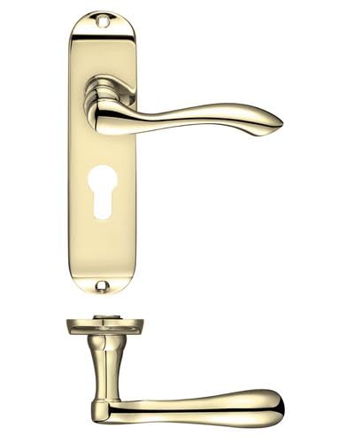KOOPLES HARDWARE Project Arundel Lever on Euro Backplate – 175mm x 42mm – Satin Stainless Steel Door Handle for Euro Cylinder Locks – Contemporary Commercial Style – Fixings Included (Electro Brass)