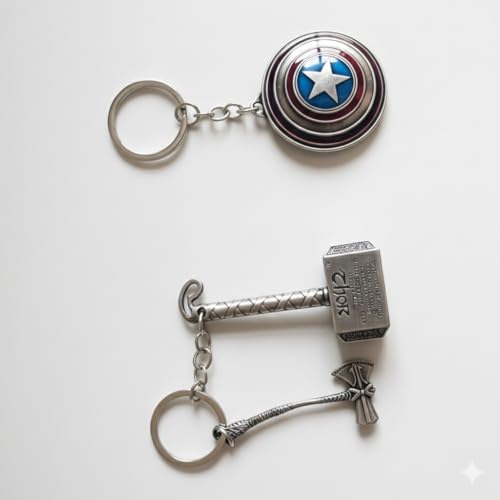 Image of MARVEL THOR Metallic SILVER Hammer,Stormbreaker /Axe & DR STRANGE,CAPTAIN AMERICA SHIELD Spinning KEYCHAIN,Heavy Quality Metal,Combo Pack for Kids Men Women Car Bike Home