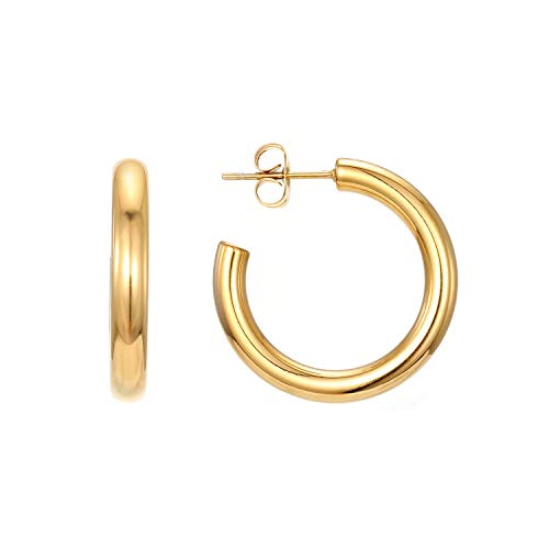 Feximzl 18K Gold Plated Chunky Open Hoops Gold Color Stainless Steel Hoop Earrings for Women (A:20mm Gold)