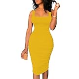 Nimsruc Women's Sexy Casual Tank Top Bodycon Dress Ruched Pencil Sleeveless Basic Midi Club Dresses Yellow XXL