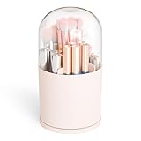 Yieach Rotating Acrylic Makeup Brush Holder with Lid for Vanity,Bathroom,Countertop,Covered Makeup Brushes Organizer,Round Spinning Cosmetic Brushes Holder and Make up Brush Storage with Cover,Pink