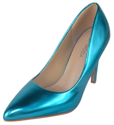 TOP Moda Shoes Women Stiletto High Heel Classic Pumps Pointed Toe Monroe-1 Turquoise Blue Metallic Patent 5.5