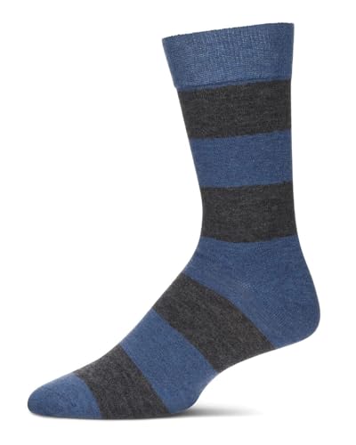 MeMoi Men's Rugby Striped Luxuriously Soft Cashmere Blend Crew Socks Med Denim Heather 10-13