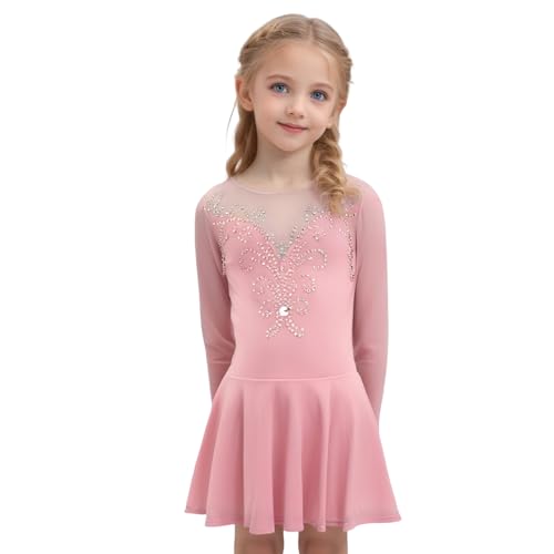 LIUHUO Ice Figure Skating Dress Girls' Elegant Handmade Crystal Long Sleeves Competition Womens Pink