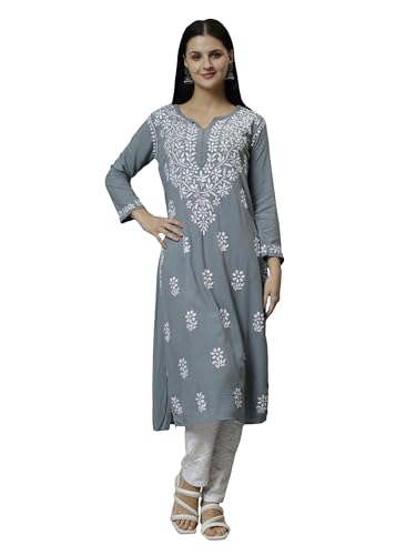 Image of Seva Chikan Hand Embroidered Lucknowi Chikankari Rayon Straight Kurta for Women SCL4532