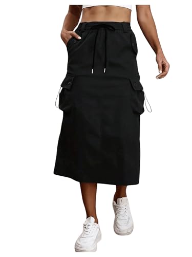 Women's Drawstring Cargo Skirt Elastic High Waist Midi Skirts with Pockets