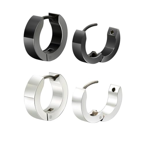RDNKVB Orecchini in Acciaio Inossidabile, 2 Pezzi, da Uomo/Donna, Orecchini a Cerchio Classici, Nero Argento Opaco (4 mm/12 mm)