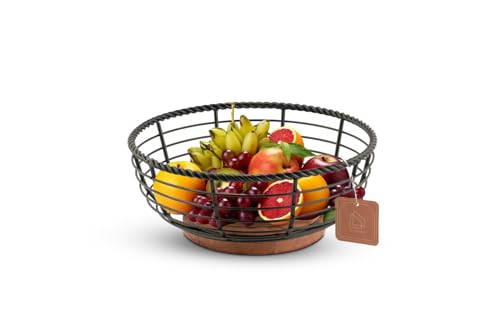 DE- AARTICO Wood and Iron Fruit Bowls Dishwasher Safe Basket Gift for Home Kitchen, Medium, Natural