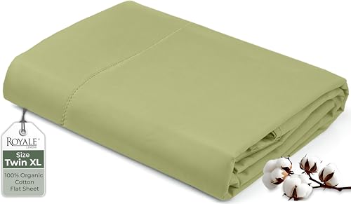 Image of Royale Linens 100% Organic Cotton Twin XL Flat Sheet Only - Super Soft - Percale Top Sheets - Twin XL Flat Sheet Sold Separately - Cool & Crisp Sage Green Sheets Only (66 inch x 102 inch, Sage Green)
